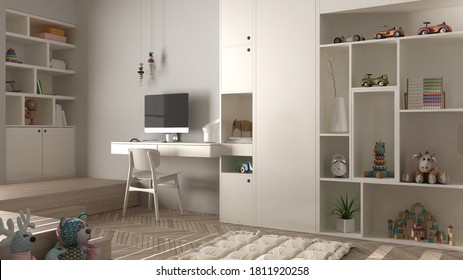 Modern Minimalist Children Bedroom In White Pastel Tones, Herringbone Parquet Floor, Desk With Desktop, Cabinets With Toys And Decors, Soft Carpet, Interior Design Concept Idea, 3d Illustration