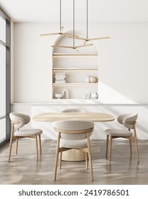 Modern minimalist dining room interior with an oval wooden table, cozy upholstered chairs, and artistic pendant lighting. 3D render