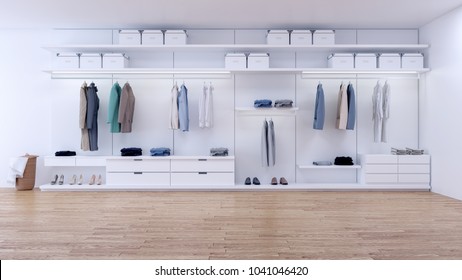 Modern Minimalist Dressing Room, Walk- In Closet With White Wardrobe,3d Rendering