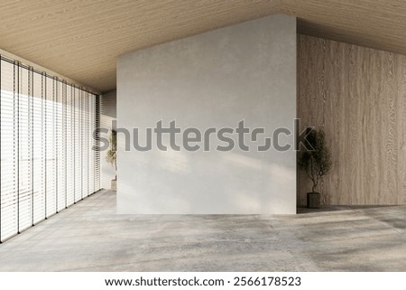 Modern and minimalist empty interior space featuring a concrete floor, a textured wall, and wooden details, perfect for design mockups, architectural projects, or creative presentations. 3d Rendering
