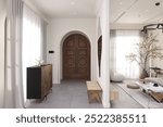 Modern Minimalist Entryway with Elegant Wooden Double Doors and Bright Living Space