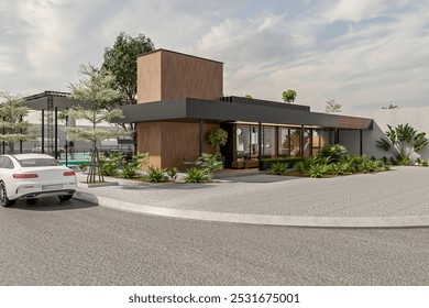 Modern Minimalist Café Exterior with Car and Greenery in Urban Setting - Powered by Shutterstock