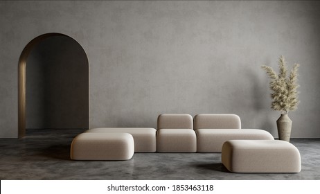 Modern minimalist interior with arch, concrete floor, sofa and decor. 3d render illustration mock up.