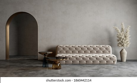 Modern Minimalist Interior With Arch, Concrete Floor, Sofa, Coffe Table And Decor. 3d Render Illustration Mock Up.