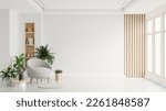 Modern minimalist interior with an armchair on empty white color wall background.3d rendering