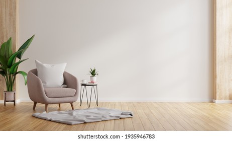 Moderno interior minimalista con sillón sobre fondo blanco vacío de pared.Representación 3D