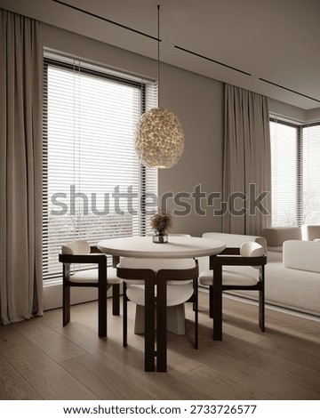 Modern minimalist interior design featuring a spacious living room combined with an open-plan kitchen and dining area. Soft neutral beige and warm wood tones create a calm and elegant atmosphere. Contemporary furniture, clean architectural lines, large windows with natural daylight, and subtle lighting emphasize simplicity, functionality, and comfort. Perfect concept for modern apartment living, Scandinavian and Japandi interior style, luxury real estate, and contemporary home design inspiration.