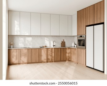 Modern Minimalist Kitchen Design in Natural Wood. 3d render. - Powered by Shutterstock