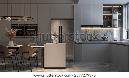  Modern Minimalist Kitchen with Soft Gray Tones and Statement Lighting