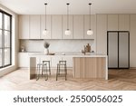 Modern Minimalist Kitchen with Warm Wood Accents, stylish pendant lights, and a bright open atmosphere. 3d render.