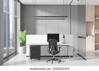 A modern minimalist office space with a desk, ergonomic chair, computer, lamp, and plant. Bright, clean background. Concept of productivity and organization. 3D Rendering