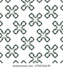 A modern and minimalist vector seamless pattern featuring repeating abstract geometric shapes in dark green and grey tones on a white background. Perfect for textile print, wallpaper, web design,