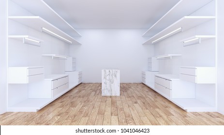 Modern Minimalist  Walk In Closet With White Wardrobe Interior Design,empty Room ,wood Floor And  White Wall ,3d Rendering