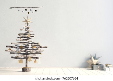 Modern minimalistic Christmas interior, Scandinavian style. 3D illustration. wall mock up. - Powered by Shutterstock