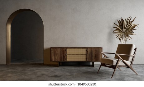 Modern Minimalistic Interior With Arch, Dresser, Lounge Chair And Decor. 3d Render Illustration Mockup.