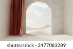 Modern minimalistic interior with a view of the sand dunes - 3d render. Simple background with a podium, showcase  for advertising and presentations. Aesthetic architecture of the building space.