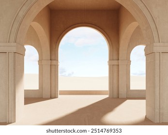 Modern minimalistic interior with a view of the sand dunes - 3d render. Simple background with a podium, showcase  for advertising and presentations. Aesthetic architecture of the building space. - Powered by Shutterstock