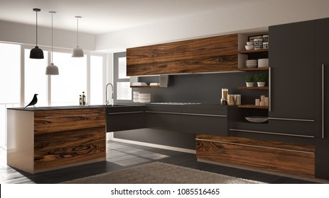 Modern Minimalistic Kitchen With Classic Wooden Fittings, Carpet And Panoramic Window, Dark Gray Architecture Interior Design, 3d Illustration