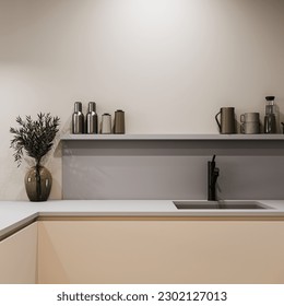 Modern minimalistic kitchen interior with empty white wall background. 3D Rendering, 3D Illustration