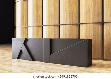 Modern and minimalistic office reception desk in an empty lobby with wooden panel walls and light wood flooring. Concept of corporate branding and interior design. 3D Rendering.