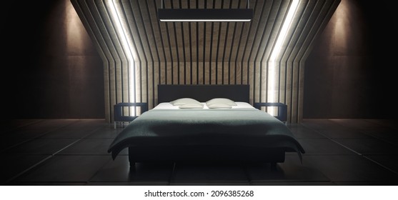 Modern Minimalistic Wood Striped Wall And Ceiling Realistic Bedroom With Big Bed Concrete Glossy Tiled Floor Dark  Night With White Led Lights Glowing 3D Rendering Illustration