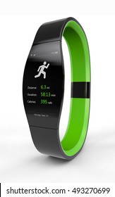 Modern Mobile Device (smart Watch) To Wear On The Wrist Like A Watch, Running A Fitness App. Image Contains Clipping Path. 3D Rendering