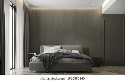 Modern Mock Up Room And Decoration Interior Furniture Of Cozy Bedroom Design And Wooden Wall Texture Background, 3d Rendering