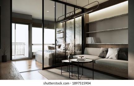 Modern mock up room interior with balcony, 3d rendering studio apartment or condominium interior design and decoration.