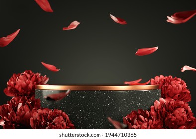 Modern Mockup Black Rose Gold Podium With Red Peony Petal Falling Depth Of Field Background 3d Render