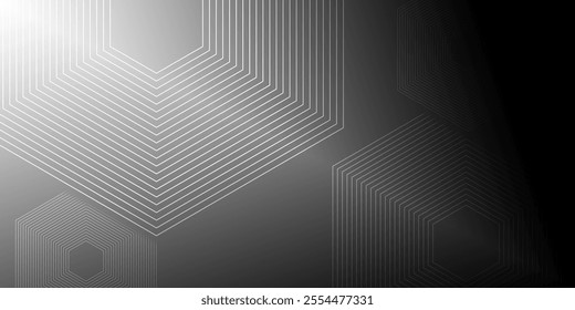 Modern monochorme Background. Gray line pattern, Hexagon shape. Gray and Black gradient background