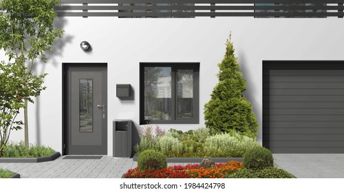Modern monochrome architectural element of the building facade. 3D rendering of a city house with a dark front door, window, trees and plants.