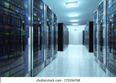 Modern Network And Telecommunication Technology Computer Concept: Server Room In Datacenter