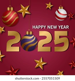 A modern New Year 2025 design featuring bold gold numbers "2025" with hanging festive ornaments in red, white, and purple on a deep red background. Accented by gold and red 3D stars. - Powered by Shutterstock