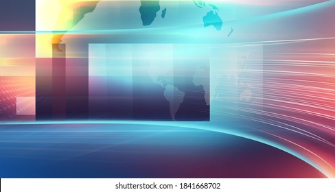 Modern news studio space with worldmap on flat screen, suitable for general news background. 3d illustration 