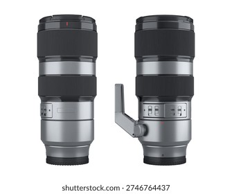 Modern nonexistent DSLR macro camera lens on white background. 3D rendering and illustration of professional photography gear for live streaming and vlogging