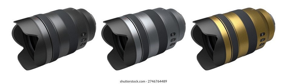 Modern nonexistent DSLR macro camera lens on white background. 3D rendering and illustration of professional photography gear for live streaming and vlogging