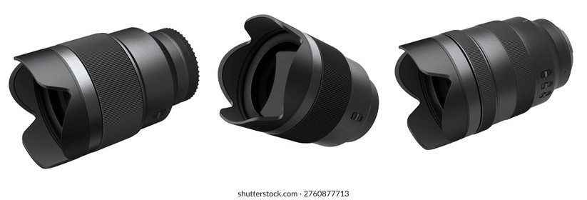 Modern nonexistent DSLR macro camera lens on white background. 3D rendering and illustration of professional photography gear for live streaming and vlogging