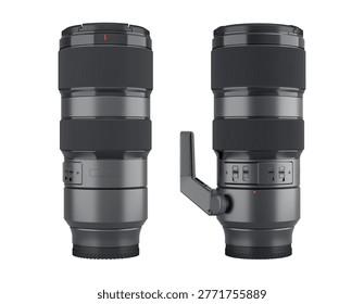 Modern nonexistent DSLR macro camera lens on white background. 3D rendering and illustration of professional photography gear for live streaming and vlogging