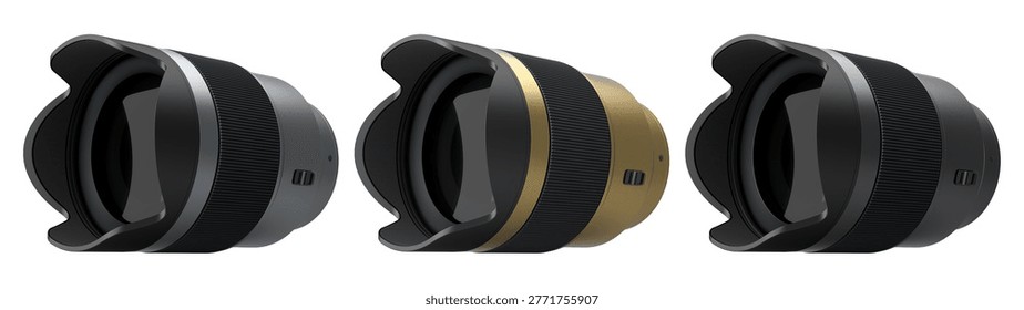 Modern nonexistent DSLR macro camera lens on white background. 3D rendering and illustration of professional photography gear for live streaming and vlogging