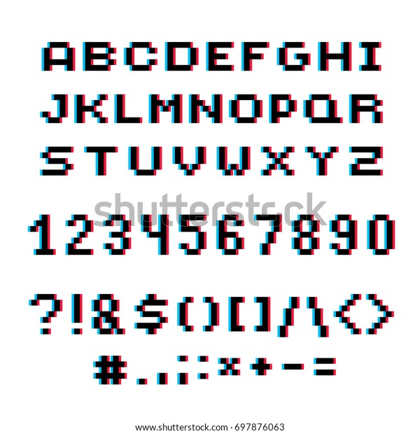 modern numbers, letters and punctuation
marks created in technology style. Geometric pixilated digits and
font, 3d dotted 8 bit numeration from 0 to
9.