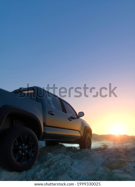 Modern off road truck in a remote location\
enjoying the sunset 3d\
render