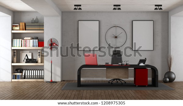Modern Office Black Desk Bookcase 3d Stock Illustration 1208975305