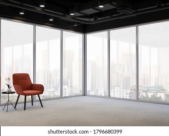 Modern Office Corner With City View 3d Render, Gray Carpeted Floors, Glass Walls And Black Ceiling Decorated With Orange Fabric Chairs With Large Windows Overlooking The Building Outside.