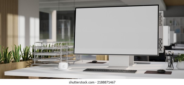 Modern Office Desk With Blank PC Desktop Computer Mockup, Keyboard, Mouse, File Storage, Coffee Cup And Decor On The White Table. Close-up Image. 3d Rendering, 3d Illustration