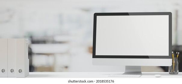 Modern Office Desk With Desktop Computer Mockup, File Folder And Copy Space On Top Table, Light Blurred Office In Background, 3d Rendering, 3d Illustration