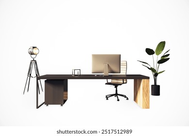 Modern office desk setup with computer, chair, lamp, and plant on a white background. Concept of a clean and minimalistic workspace. 3D Rendering