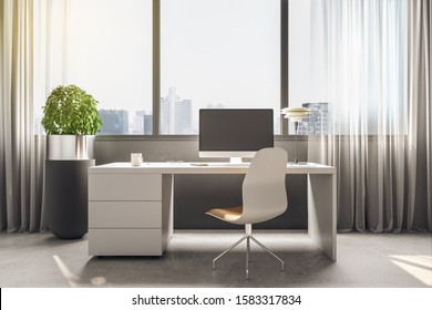Modern office with empty computer screen on desk. Workpace concept. Mock up, 3D Rendering