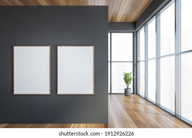 Modern Office Entrance Area With Grey Wall Wooden Parquet. Panoramic City View Windows. Two Canvas Poster On Wall. Mock Up. 3d Rendering