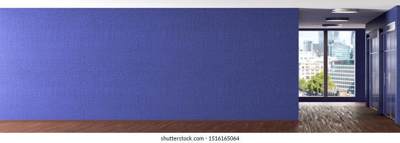 Modern Office Interior With Blank Blue Wall Mock Up. 3d Illustration