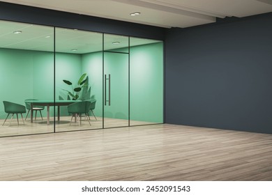 Modern office interior with blank dark wall and glass partition, wooden floor, and minimalistic furniture, concept of space for branding. 3D Rendering